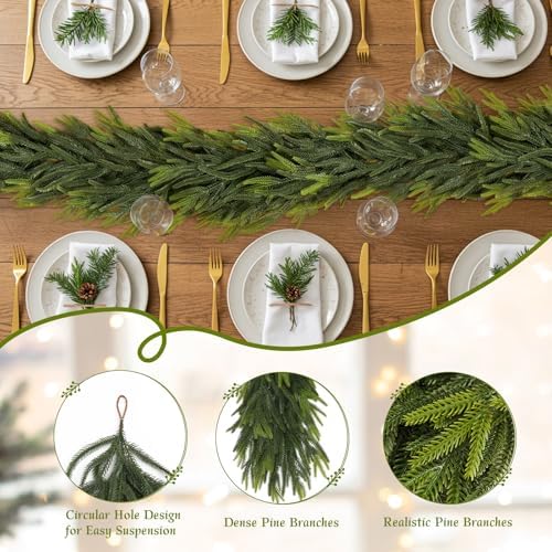N&T NIETING 2 PCS Christmas Garland Norfolk Pine Garland Real Touch Faux Christmas Greenery Xmas Garland for Mantle, Table Holiday Winter Indoor Outdoor Christmas Decorations (9 FT) - Image 3
