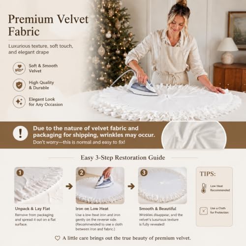 Hollowfly 48 Inch Ruffled Velvet Christmas Tree Skirts White Tree Skirt - Image 3