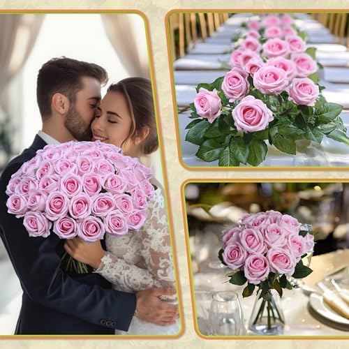 30 PCS Fake Pink Roses, Artificial Flowers Bulk, Realistic Silk Faux Roses - Image 3