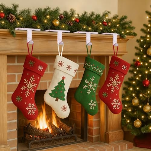 Vintage White Christmas Stocking Hooks Set of 6 – Weighted Metal Mantle Stocking Hangers with Non-Slip Base for Fireplace, Shelf, TV Stand or Dresser Decor - Image 3