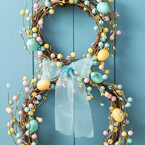 Glitzhome 24.5”H Easter Bunny Spring Wreath with Ribbon Bow Easter Eggs for Front Door Wall Decoration Easter Rabbit Garland with Colored Eggs Berries Wall Front Door Easter Decoration - Image 3