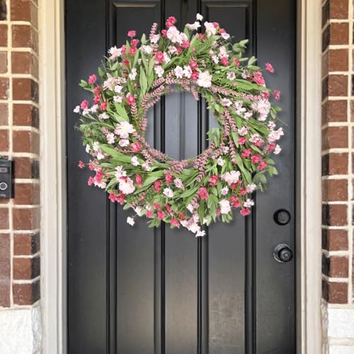 26" Spring Wreaths for Front Door Artificial Floral Wreath with Wildflowers Portulaca CHEAWRTZ Summer Easter Decorations for Indoor Outdoor Window Wall Farmhouse Porch Home Decor Cherry Blossom Pink - Image 4