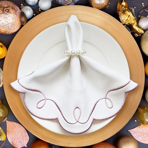 15 Inch Ribbon Twirl Embroidery Round Placemats Set of 4, Scalloped Round Table Mats for Party Kitchen Dining Decoration, Pink - Image 5