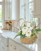 Dahlia Artificial Flowers, Spring/Summer Flower Centerpieces for Tables Silk Flower Arrangements with Woven Basket Fake Dahlia with Daisies & Lavender White Flower Arrangement for Kitchen Dinner Table - Image 5