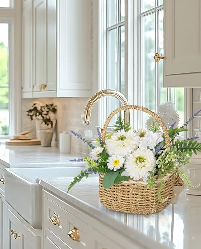 Dahlia Artificial Flowers, Spring/Summer Flower Centerpieces for Tables Silk Flower Arrangements with Woven Basket Fake Dahlia with Daisies & Lavender White Flower Arrangement for Kitchen Dinner Table - Image 5