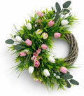 Spring Summer Wreath for Front Door, 24 Inch Artificial Tulip Wreath with Pink White Lavender and Eucalyptus Greenery for Indoor Outdoor Home Farmhouse Wall Decor by WEYANZE