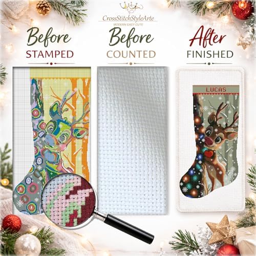Christmas Stocking Cross Stitch Kit for Adults, 2-in-1 Stamped and Counted AIDA 14, Cute Reindeer Deer with Christmas Lights, Personalized Woodland Animals DIY Embroidery Kit - Image 6