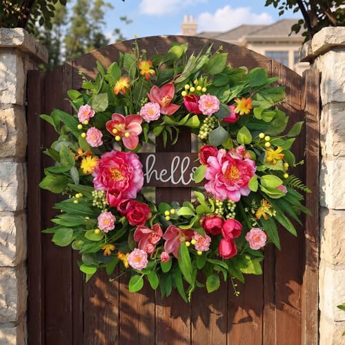AMOIRSE 24" Wreaths for Front Door with Hello Sign,Artificial Eucalyptus Wreath with Pink Penoy,Magnolia,Tulip,Berries,Greenery Summer Wreath for Front Door,Farmhouse,Porch,Wall,Window Outdoor Decor - Image 5