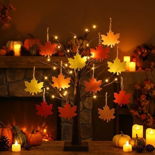 Briwooody 24'' Lighted Thanksgiving Gratitude Tree Kit, Brown Thanful Tree with 60 Leaves, Hemp Ropes & Pens, DIY Fall Decoration for Autumn Table Centerpiece Thanksgiving Gift (Battery Not Included) - Image 4