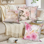 Pink Floral Pillow Covers 24''x24'' Set of 4, Vintage Flowers Cushion Covers Spring Watercolor Printed Botanical Pillowcases for Couch Sofa Bedroom Farmhouse Garden Patio Car Decoration - Image 4