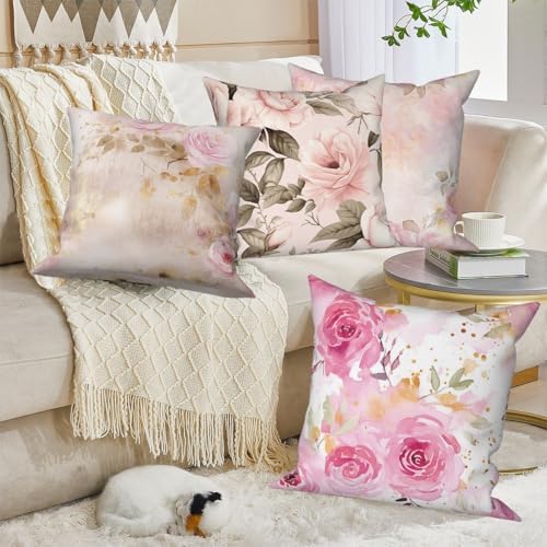 Pink Floral Pillow Covers 24''x24'' Set of 4, Vintage Flowers Cushion Covers Spring Watercolor Printed Botanical Pillowcases for Couch Sofa Bedroom Farmhouse Garden Patio Car Decoration - Image 4
