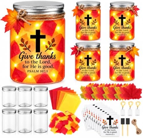 Cinrobiye 24 Sets Fall Thanksgiving Mason Jar Suncatcher Craft Kit, Christian DIY Window Art with Bible Verse Cross Stickers, Maple Leaves and Tissue Paper for Church Family Activities by Cinrobiye