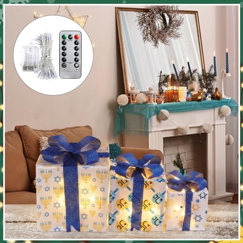 Aurelema Set of 3 Hanukkah Lighted Gift Boxes Remote LED Chanukah Decor - Image 3