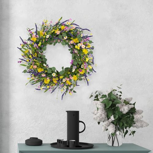 J'FLORU Large Spring Wreaths for Front Door 28 Inch Artificial Spring Wreath Summer Flower Wreath with Daisy and Lavender for Indoor Outdoor Wall Window and Easter Celebration - Image 3