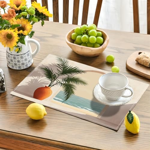 Boho Placemats Set of 6 Beach Table Mats Abstract Place Mats Decor Imitation Linen Heat Resistant Green Botanical Tablecloth for Dining Decorations Kitchen Party Restaurants 12''x18'' - Image 2