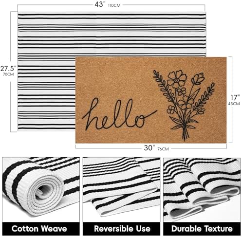 2 PCS Spring Welcome Door Mat Set, 17"x30" Coir Doormat with Non-Slip Backing & Black White Striped Mat, Farmhouse Spring Wildflower Doormat for Layering Front Porch, Patio, Entryway Spring Home Decor - Image 2