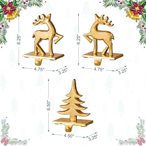 Glitzhome Polyresin Christmas Stocking Holders Set of 3 Golden Tree and Reindeer Mantel Decor with Non-Slip Metal Base for Holiday Fireplace Indoor Decoration - Image 7