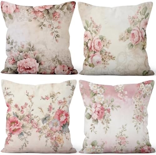 4 Pcs/Set Floral Pillow Covers Spring Poppy Rose Flowers Vintage Plants Watercolor Rustic Valentine Throw Pillow Covers for Outdoor Home Couch Sofa Bedroom Farmhouse Decor, 24"x24" by VieSavaran