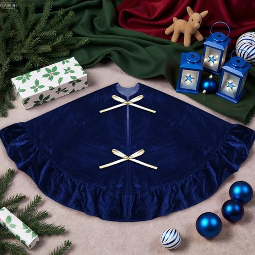 48 Inches Velvet Christmas Tree Skirt Decorations Dark Blue Luxury Xmas Fur Plush Skirts for Merry Christmas Party Rustic Vintage Holiday Home Winter - Image 3
