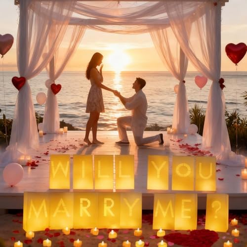 Will You Marry Me Decorations – Romantic Setup Kit with Light Up Letters, 30 Tea Light Candles, 2000 Rose Petals, 10 Balloons – Luminary Bags for Proposal Decoration(W) by VidwanHome%E2%80%93OrderYousToda