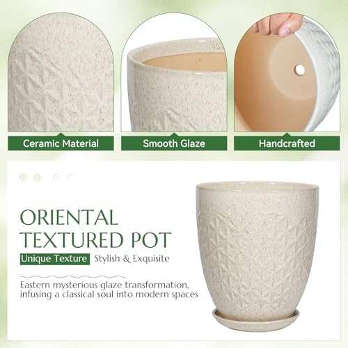 9.5 Inch Flower Pots for Indoor Plants,Ceramic Planter with Saucer Drainage Leak-Proof Mesh Gardening Gloves(Silk-White) - Image 3