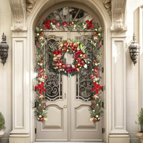Valery Madelyn 30" Pre-Lit Large Christmas Wreath for Front Door Red Gold - Image 4