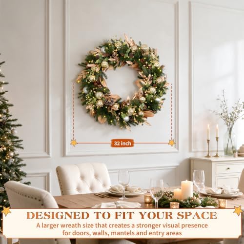 Hykolity 32 Inch Pre-Lit Botanical Christmas Wreath, Battery Operated Lighted Wreath with 60 Warm White LEDs, Timer, Gold Silver Ornaments, Pinecones and Decorative Leaves for Front Door - Image 3