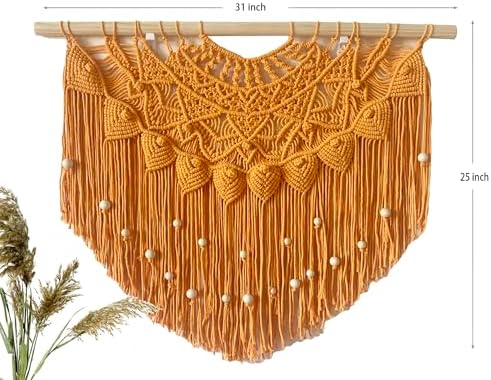 Youngeast Large Macrame Wall Hanging Boho Beaded Curtain for Window Macrame Bedroom Headboard Living Room Wall Art Tassel Tapestry Bohemian Woven Wall Decor 31" W X 25" H (Orange) - Image 2
