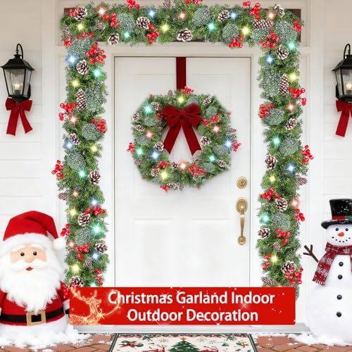 Timer - 9Ft by 10 Inch Prelit Christmas Garland with 50 Colorful Lights, Thick 270 Snowy Tips 70 Red Berry 10 Pinecone Battery Operated 8 Mode Real Touch Cedar Valentines Garland Mantle Indoor Outdoor - Image 6
