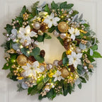 Christmas Wreaths for Front Door with Lights 24 Inch Prelit Christmas Wreath, Christmas Door Wreath with White Flowers, Gold Ornaments, Pine Cones, Greenery & Berries Indoor Outdoor - Image 6