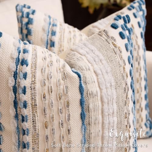 Boho Chenille Tufted Throw Pillow Covers 18x18 Inch Set of 2 Farmhouse Grey Blue Woven Striped Decorative Pillowcases for Couch Sofa Bed - Image 5