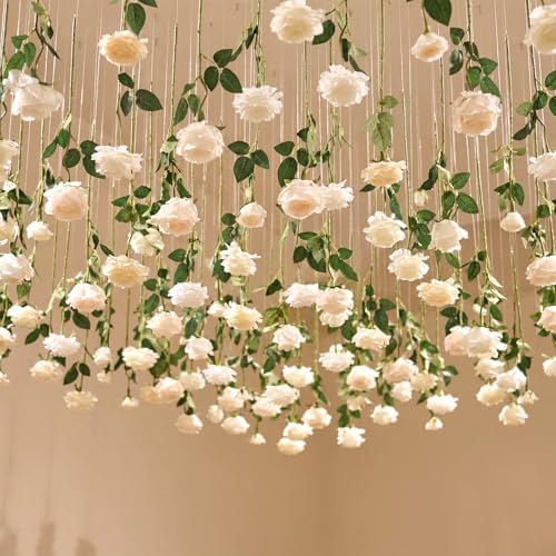 Lyrow 60 Pack White Artificial Flower Hanging Ornaments White Rose Floating Garland Floral Minimalist Boho Wedding Proposal Anniversary French Cream Farmhouse Ceiling Garland Table Decor DIY Craft by Lyrow