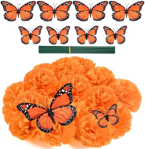 Artificial Marigold Flower Heads,Marigold Heads Bulk and 48 Monarch Butterfly for Dia De Los Muertos Diwali Decorations for Home Wreath Garland DIY Day of The Dead Altar Decor Orange (200) by Antenda