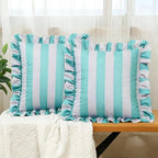 vctops Ruffle Square Throw Pillow Covers Boho Pink and Red Striped Decorative Pillowcases Set of 2, Soft Velvet Accent Cushion Cover Cases for Sofa Bed Living Room Decor (Green Grey,18"x18") by vctops