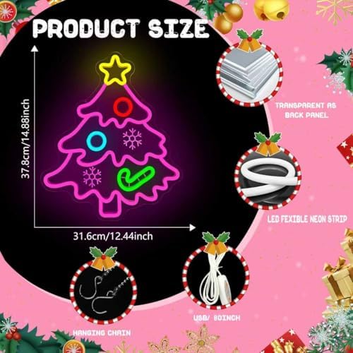 Christmas Neon Sign Pink Christmas Tree Neon Sign for Wall Decor Xmas Tree Led Sign with Candy Xmas Pink Tree Neon Light Up Signs for Bedroom Window Holiday Door Xmas Party Home Decoration Winter Porch - Image 3