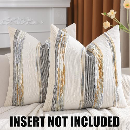 Boho Tufted Throw Pillow Covers 18x18 Set of 2 Yellow Gray - Image 2