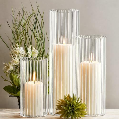 Sandraheer 24 Ivory Pillar Candles and Ribbed Hurricane Glass Candleholder by Sandraheer