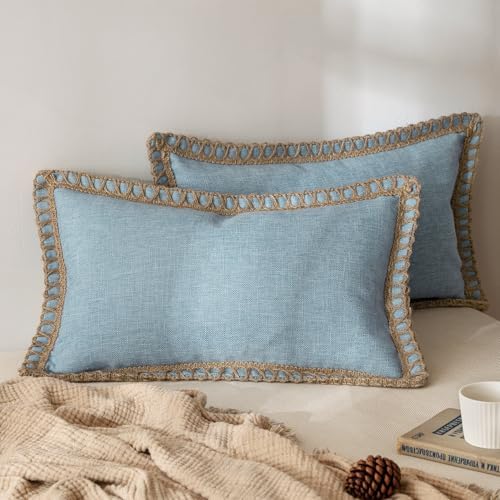 MIULEE Set of 2 Lumbar Linen Burlap Throw Pillow Covers 12x20 Light Blue by MIULEE