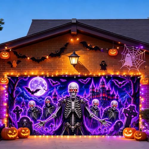 7x16FT Halloween Neon Skull Garage Door Banner UV Reactive Fluorescent Skeleton Garage Door Cover Decoration for Hallowen Decoration by FOREVERQUEEN