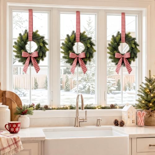 Thiccywoov 8 Pcs 9" Mini Christmas Wreaths for Cabinets with Plaid Bow - Image 6