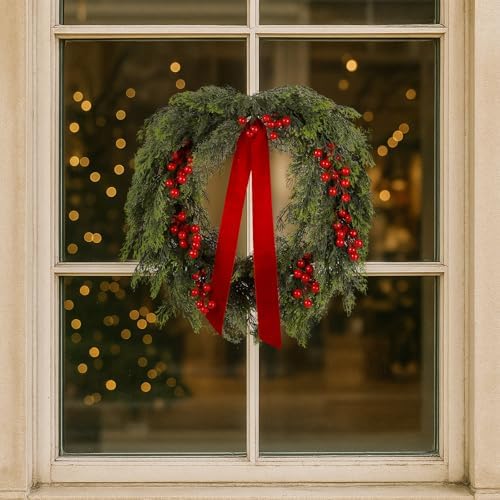 Suncalla 24'' Artificial Cedar Wreath for Front Door Christmas Wreaths Faux Cedar Decorated with Berry and Ribbons Xmas Wreath for Indoor Window Holiday Decor - Image 4