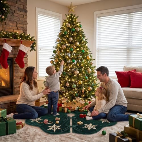 Hollowfly Dark Green Velvet Christmas Tree Skirt with Sequin Snowflake 48'' - Image 6
