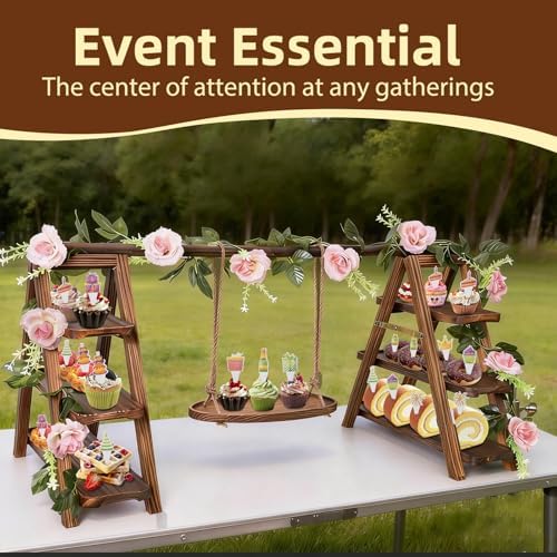 Wooden Cupcake Stand, 3 Tier Dessert Display Serving Tray with Swing and Flower Decoration, Foldable Tiered Ladders Stand for Party, Birthday, Wedding, Baby Shower, Table Food Display for Fruit Bread - Image 2