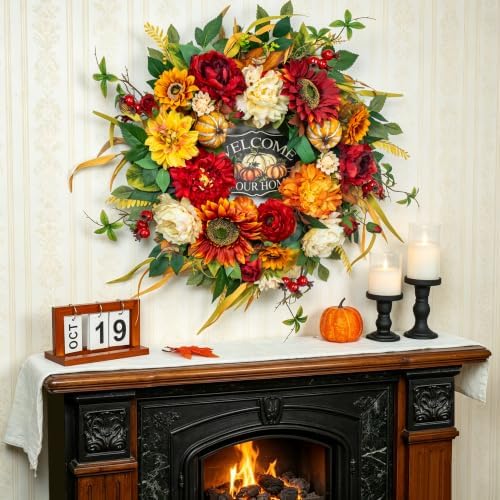 24 Inch Fall Wreath for Front Door，Rustic Harvest Autumn Wreath - Image 6