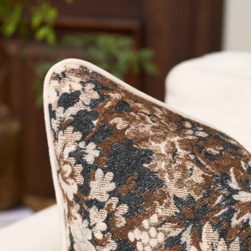 FANAMI Vintage Floral Throw Pillow Covers 20x20 Set of 2 Boho Farmhouse Accent Pillowcase Neutral Modern Chenille Square Decorative Cushion Covers for Couch Sofa Bed Living Room Home Decor, Brown - Image 2