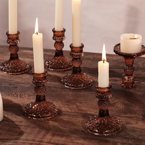 12Pcs Amber Candlestick Holders Set- 4" H Taper Candle Holders Bulk, Glass Candle Holders for Wedding, Party, Fall Dinner Table Centerpieces, Festival Gifts & Windowsill Decor - Image 5