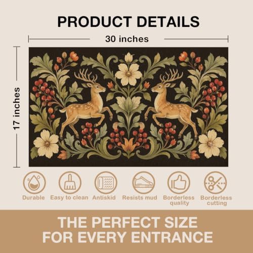 Boho Deer Floral Faux Coco Coir Doormat Door Mat 17x30 Inch - Image 2