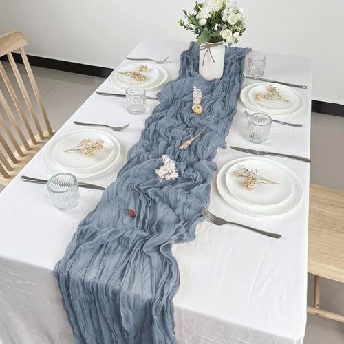 12 Pack Dusty Blue Cheesecloth Table Runner 10ft Boho Gauze Cheese Cloth Table Runner Rustic Sheer Runner 120 inch Long for Christmas Wedding Table Decorations - Image 2
