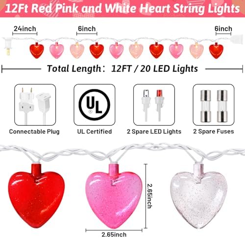 20 LED Valentine's Day Decorations Heart Lights, 12Ft Heart String Lights Outdoor Waterproof with 20 LED Red Pink White Hearts Shaped with Glitter for Room Door Windows Fence Valentines Day Decor - Image 2