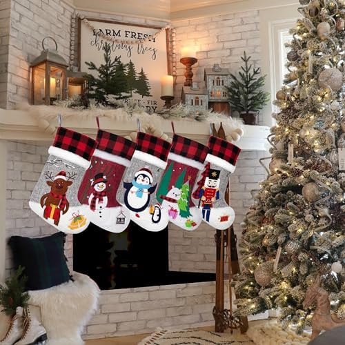 BHD BEAUTY Burlap Gray Red Non-Woven Fleece Fabric Lovely Embroidery Pattern Set of 5 Christmas Stocking for Family Decorations Hanging Ornament for Xmas Holiday Party 20 inches - Image 3